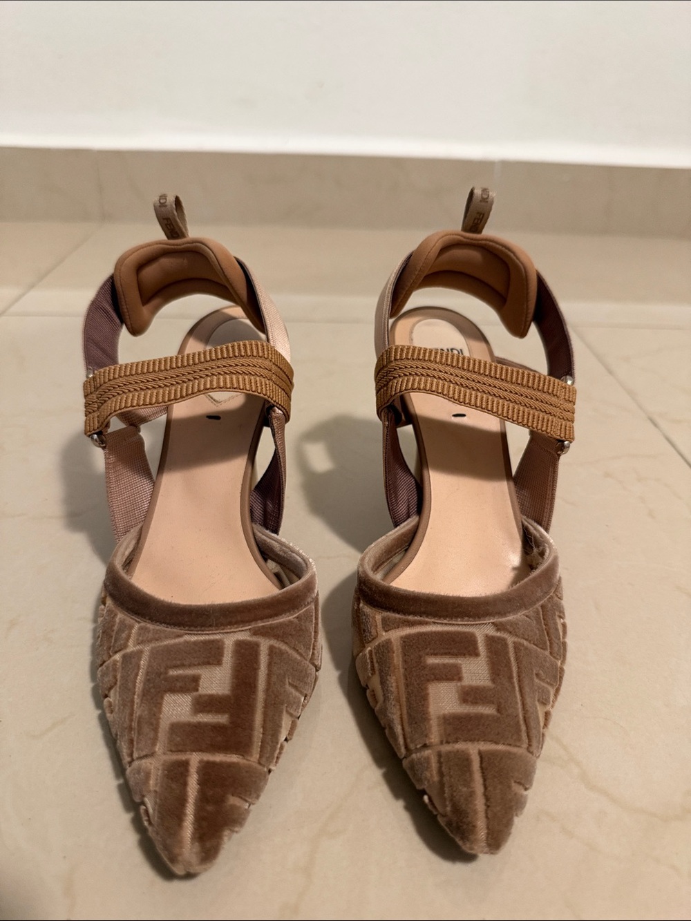 Fendi Beige-Tan Monogram Pointed Slingback Heels